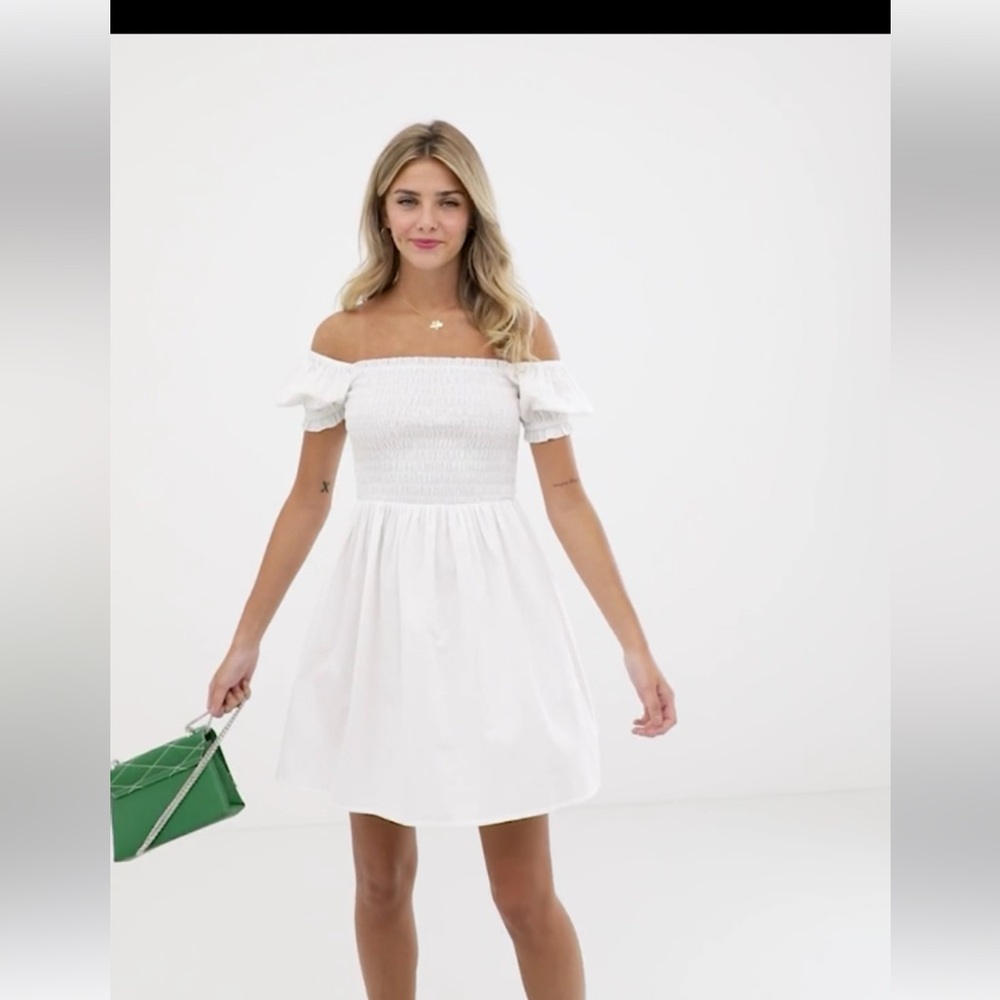 NWT ASOS design Shirred bodice square neck cotton mini smock dress white size 6